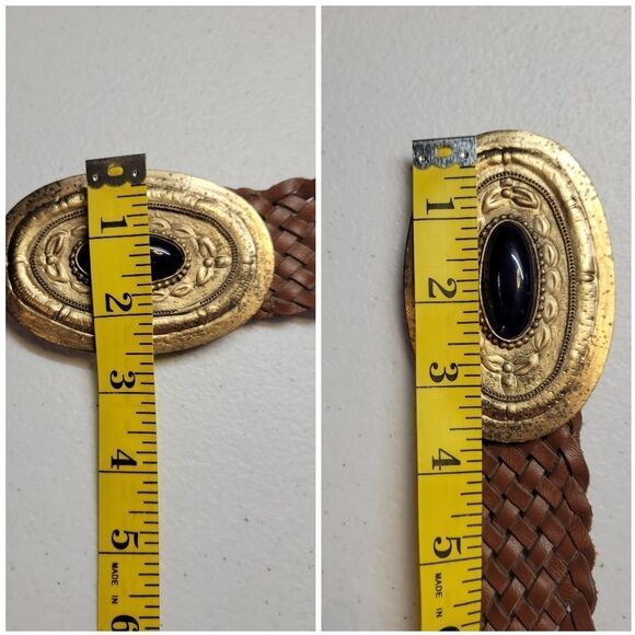 Vintage Brown Woven Belt with Gold Oval Buckle with Navy Blue Faux Stone main image 8